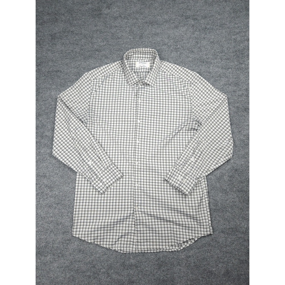 Ministry of Supply Button Up Shirt Men's Large Plaid Gray WHite Dress Preppy